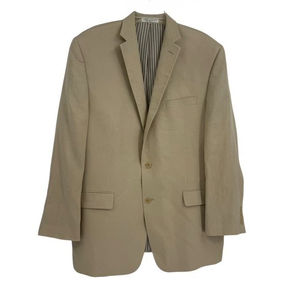 Calvin Klein Blazer Mens Size 44L Tan Beige 2 Button Sport Jacket 100% Linen - Picture 1 of 12